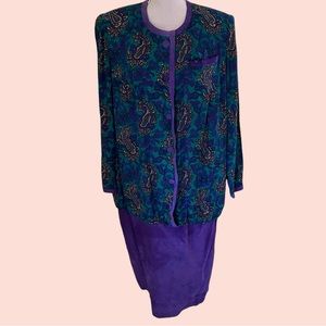 St. Gillian Vintage Purple/Green Silk Paisley and Purple Suede Drop Waist Dress